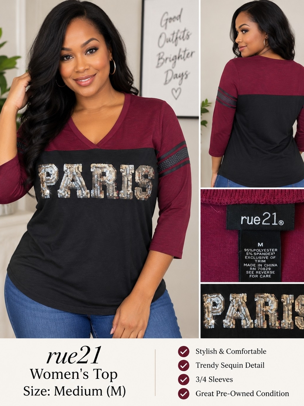 rue21 Women's Burgundy and Black 'Paris' Sequin V-Neck Top
